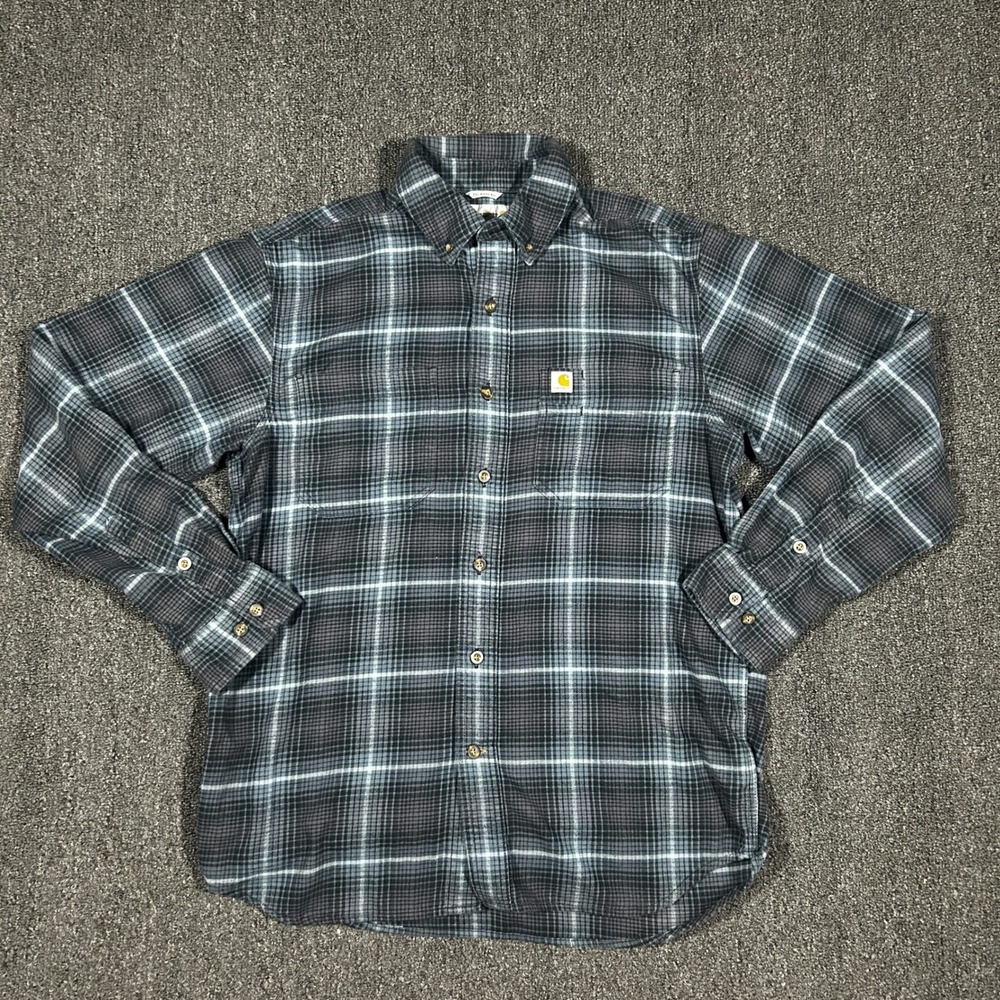 Carhartt Flannel Shirt Mens Medium Blue Plaid Relaxed Fit Cotton Stretch